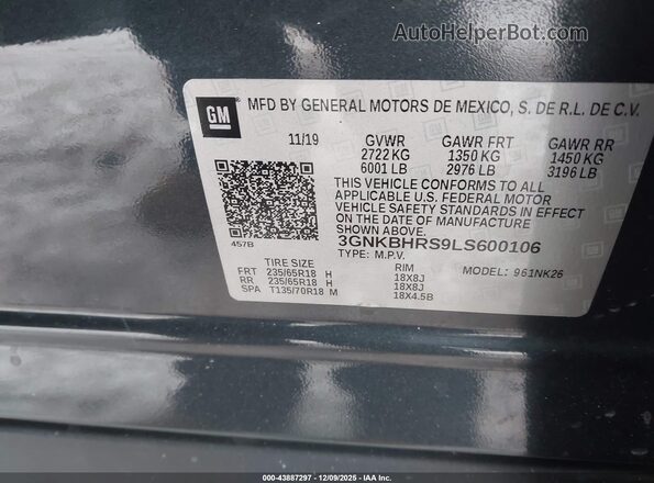 3GNKBHRS9LS600106 2020 CHEVROLET BLAZER Black Widok komory silnika