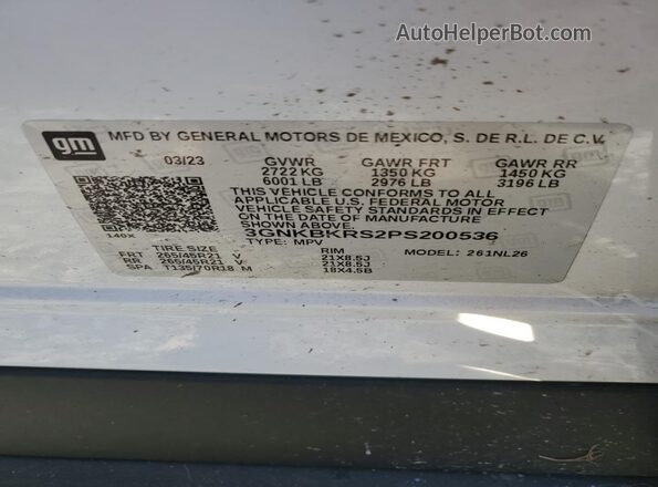 3GNKBKRS2PS200536 2023 CHEVROLET BLAZER White Widok naklejki z numerem VIN