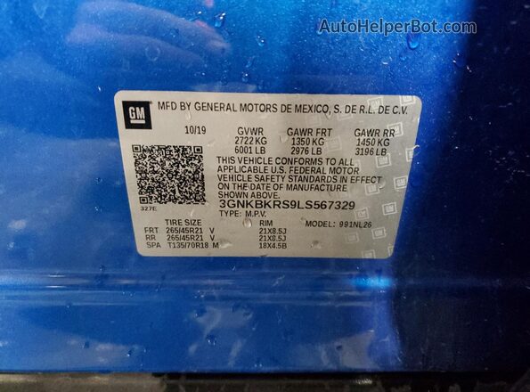 3GNKBKRS9LS567329 2020 CHEVROLET BLAZER Blue Vista de la etiqueta del VIN