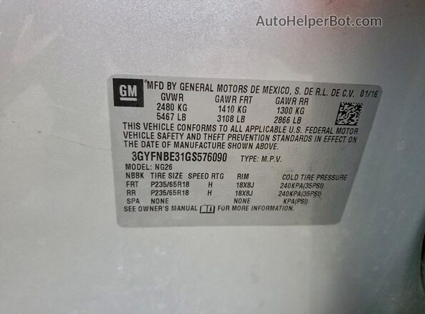 3GYFNBE31GS576090 2016 CADILLAC SRX Серебряный Вид наклейки с VIN-кодом
