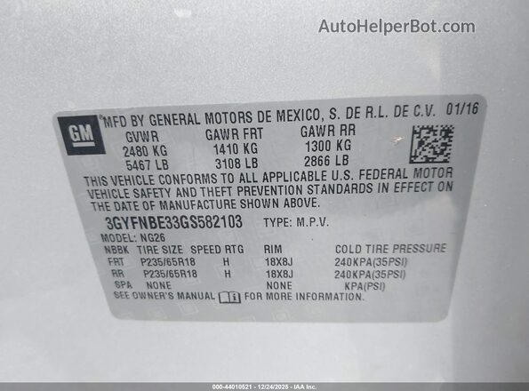 3GYFNBE33GS582103 2016 CADILLAC SRX Silver Շարժիչի բաժամունքի տեսք