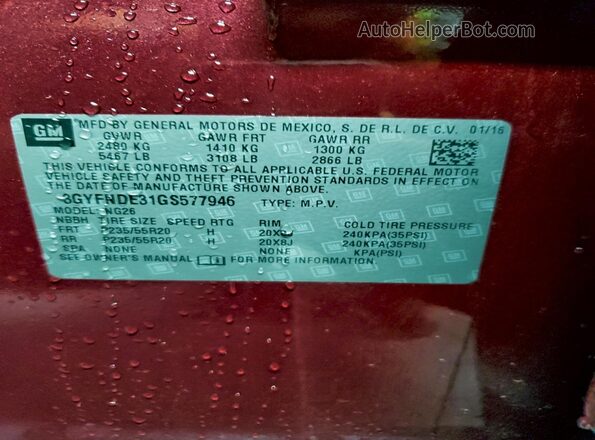 3GYFNDE31GS577946 2016 CADILLAC SRX Red VIN sticker view