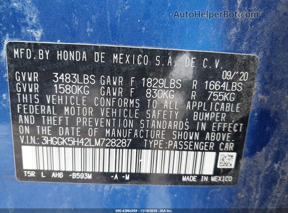 3HGGK5H42LM728287 2020 HONDA FIT Синий Вид подкапотного пространства