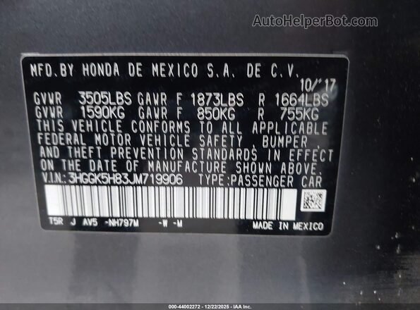 3HGGK5H83JM719906 2018 HONDA FIT Gray Widok komory silnika
