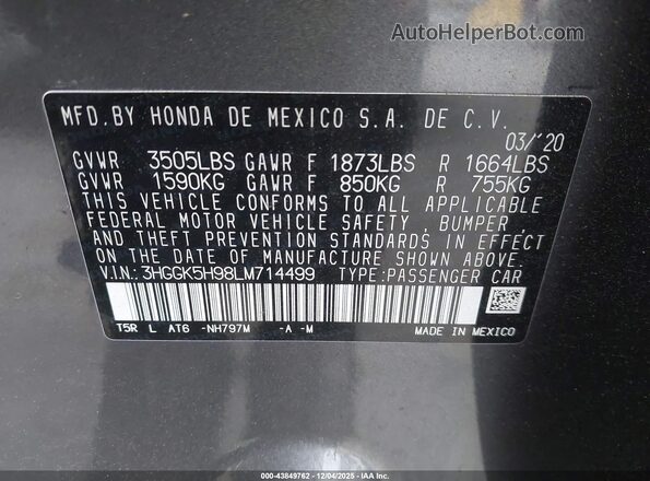 3HGGK5H98LM714499 2020 HONDA FIT Серый Вид подкапотного пространства