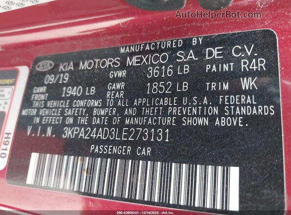 3KPA24AD3LE273131 2020 KIA RIO Red Widok komory silnika