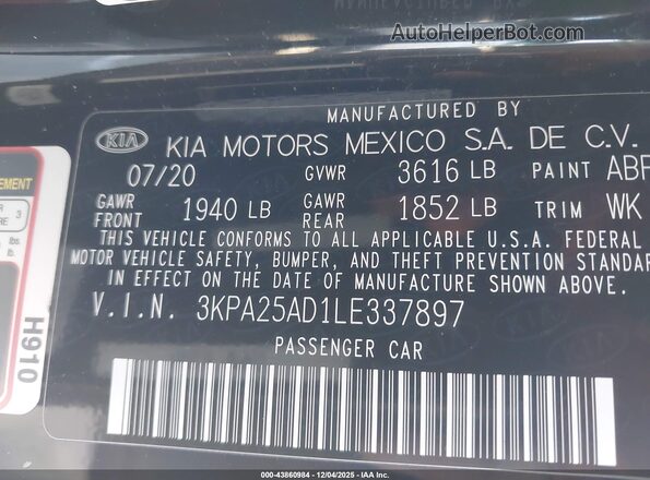 3KPA25AD1LE337897 2020 KIA RIO 5-DOOR Черный Вид подкапотного пространства