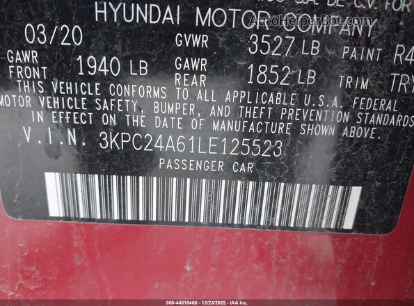 3KPC24A61LE125523 2020 HYUNDAI ACCENT Красный Вид подкапотного пространства