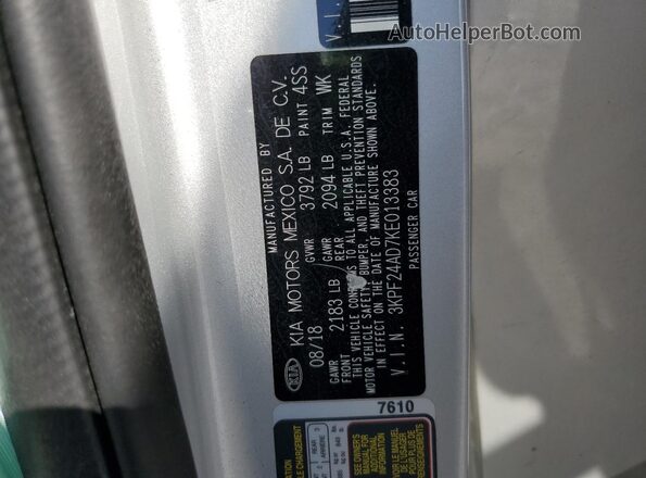 3KPF24AD7KE013383 2019 KIA FORTE Серебряный Вид наклейки с VIN-кодом