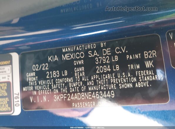 3KPF24AD8NE463449 2022 KIA FORTE Синий Вид подкапотного пространства