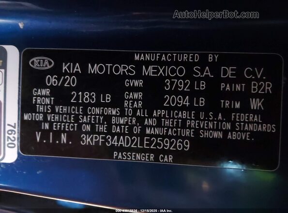 3KPF34AD2LE259269 2020 KIA FORTE Синий Вид подкапотного пространства