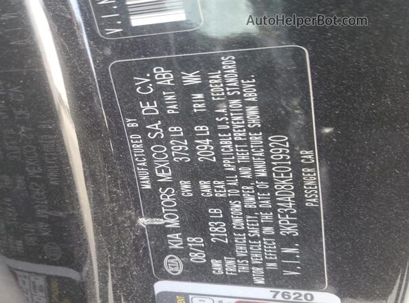 3KPF34AD8KE019920 2019 KIA FORTE Черный Вид наклейки с VIN-кодом