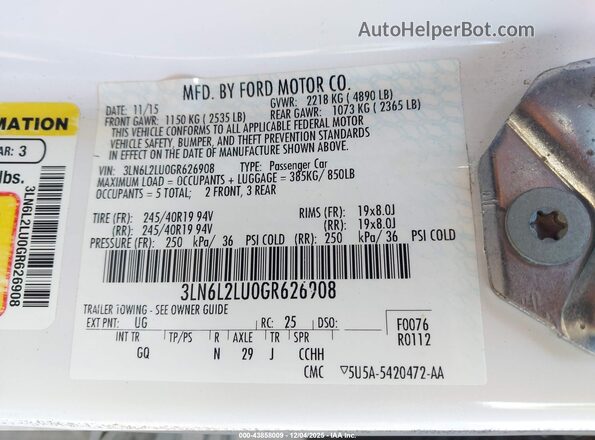 3LN6L2LU0GR626908 2016 LINCOLN MKZ HYBRID Белый Вид подкапотного пространства
