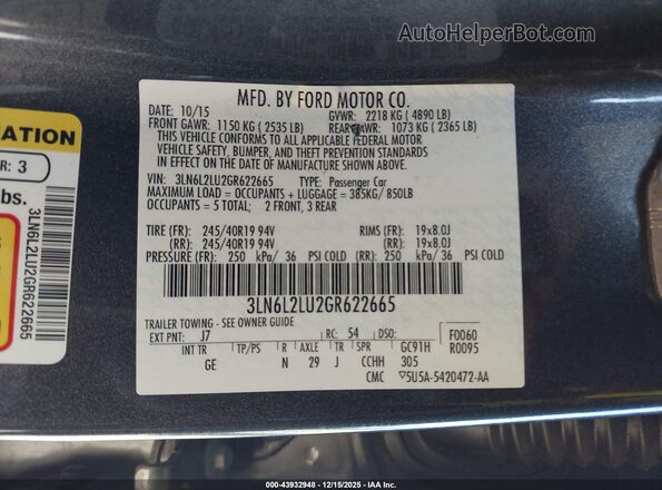 3LN6L2LU2GR622665 2016 LINCOLN MKZ HYBRID Gray Widok komory silnika