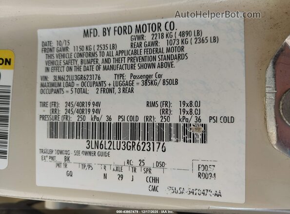3LN6L2LU3GR623176 2016 LINCOLN MKZ HYBRID Beige Widok komory silnika