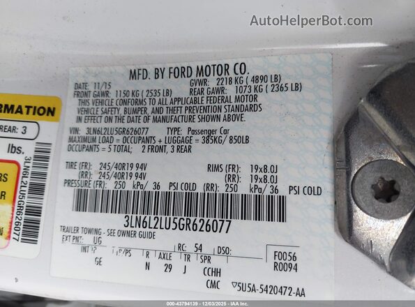 3LN6L2LU5GR626077 2016 LINCOLN MKZ HYBRID White Widok komory silnika