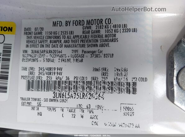 3LN6L5A95LR620564 2020 LINCOLN MKZ Белый Вид подкапотного пространства