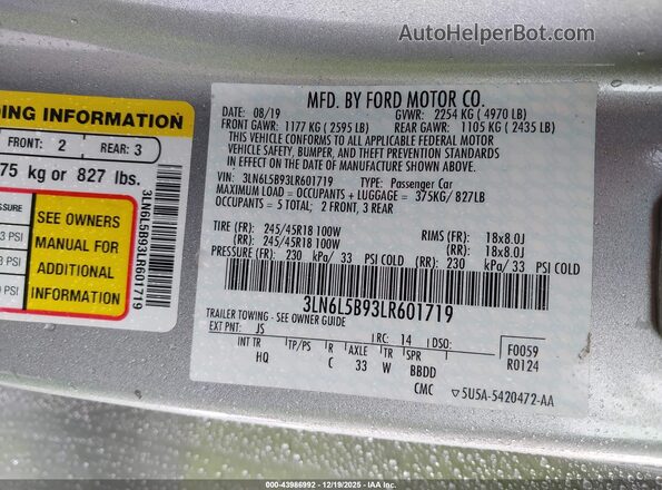 3LN6L5B93LR601719 2020 LINCOLN MKZ Silver Widok komory silnika