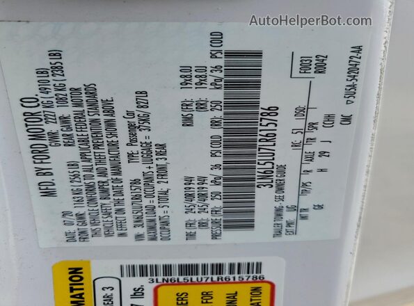 3LN6L5LU7LR615786 2020 LINCOLN MKZ Белый Вид наклейки с VIN-кодом