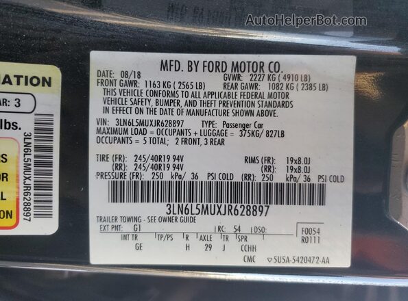 3LN6L5MUXJR628897 2018 LINCOLN MKZ Черный Вид наклейки с VIN-кодом