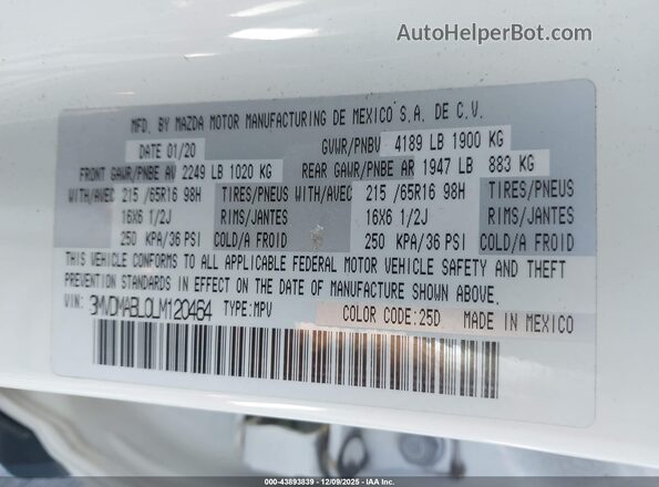 3MVDMABL0LM120464 2020 MAZDA CX-30 White Widok komory silnika