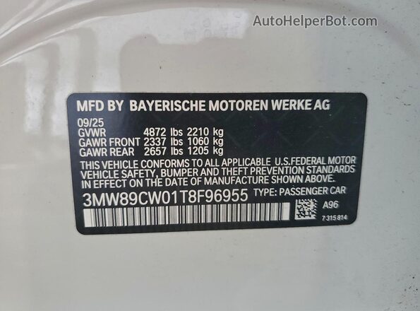 3MW89CW01T8F96955 2026 BMW OTHER White VIN կոդի պիտակի տեսք
