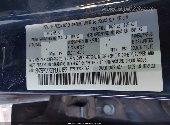 3MZBPAA73NM307153 2022 MAZDA 3 Blue Widok komory silnika