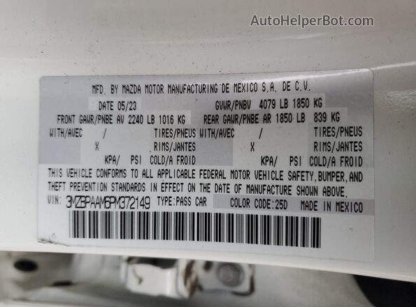 3MZBPAAM6PM372149 2023 MAZDA 3 Белый Вид наклейки с VIN-кодом