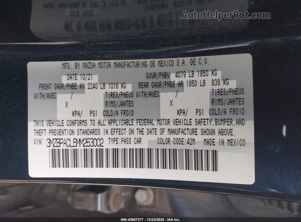 3MZBPACL6MM253002 2021 MAZDA 3 Blue ძრავის განყოფილების ხედი