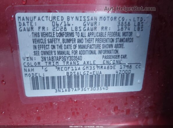 3N1AB7AP3GY303540 2016 NISSAN SENTRA Red ძრავის განყოფილების ხედი