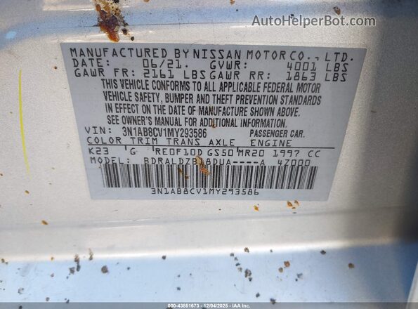 3N1AB8CV1MY293586 2021 NISSAN SENTRA Серебряный Вид подкапотного пространства