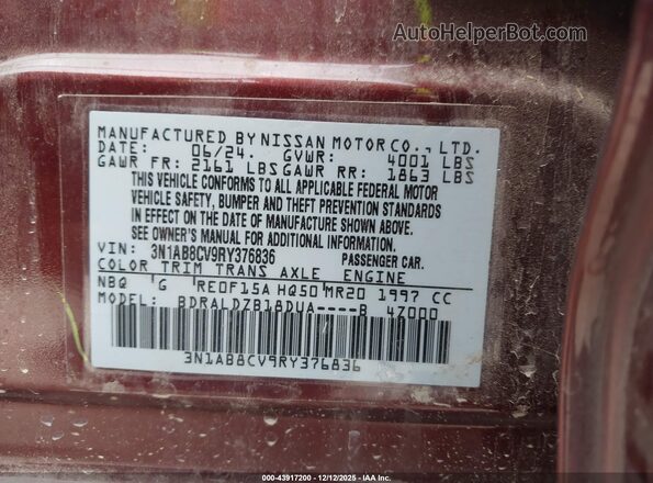 3N1AB8CV9RY376836 2024 NISSAN SENTRA Burgundy ძრავის განყოფილების ხედი