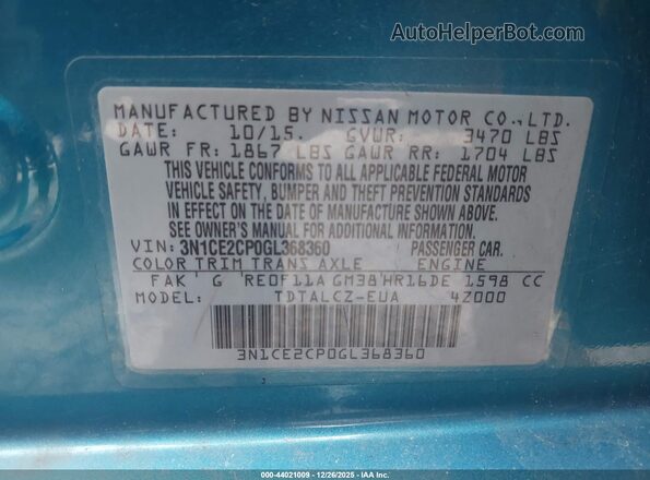 3N1CE2CP0GL368360 2016 NISSAN VERSA NOTE Blue Widok komory silnika