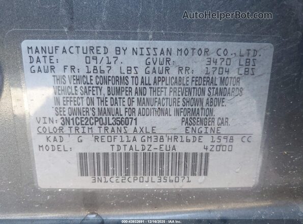 3N1CE2CP0JL356071 2018 NISSAN VERSA NOTE Серый Вид подкапотного пространства