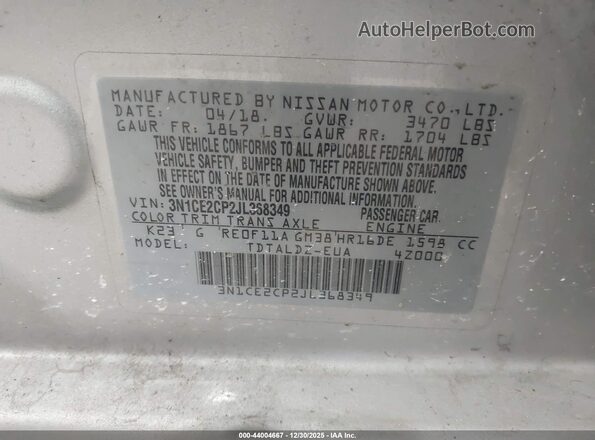 3N1CE2CP2JL368349 2018 NISSAN VERSA NOTE Silver Vista del compartimento del motor