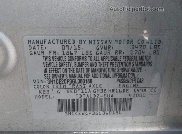3N1CE2CP3GL360186 2016 NISSAN VERSA NOTE Silver Вид підкапотного простору