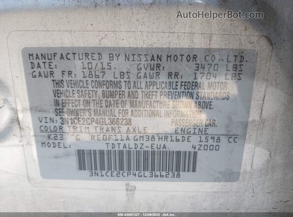 3N1CE2CP4GL366238 2016 NISSAN VERSA NOTE Silver Widok komory silnika