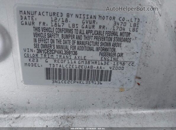 3N1CE2CP4KL359136 2019 NISSAN VERSA NOTE Silver Widok komory silnika