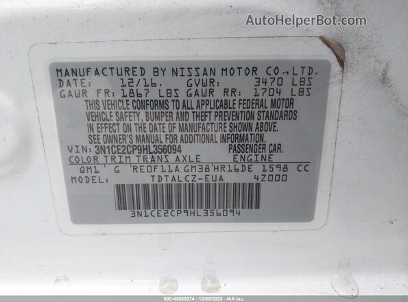 3N1CE2CP9HL356094 2017 NISSAN VERSA NOTE Белый Вид подкапотного пространства