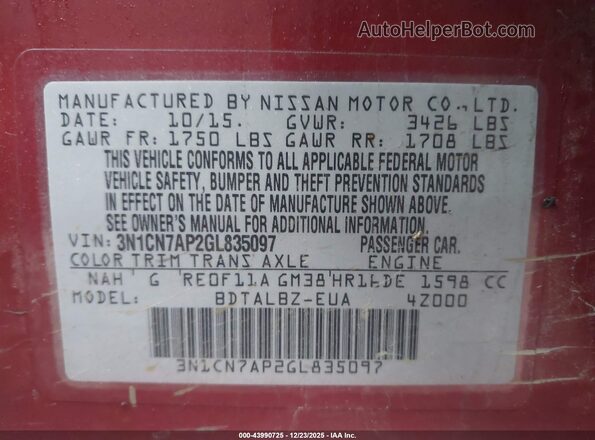 3N1CN7AP2GL835097 2016 NISSAN VERSA Красный Вид подкапотного пространства