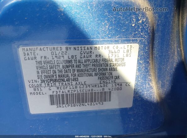 3N1CP5BV2NL481493 2022 NISSAN KICKS Синий Вид подкапотного пространства