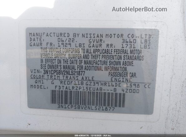 3N1CP5BV2NL521877 2022 NISSAN KICKS White Вид підкапотного простору