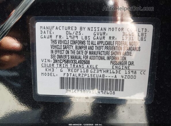 3N1CP5BVXSL492608 2025 NISSAN KICKS PLAY Черный Вид подкапотного пространства