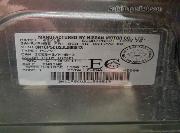 3N1CP5CU2JL500513 2018 NISSAN KICKS Gray VIN կոդի պիտակի տեսք
