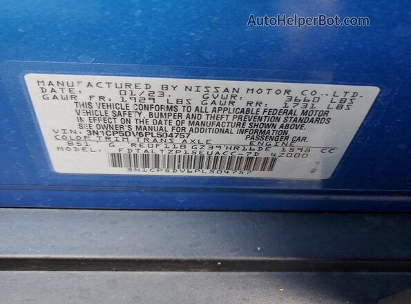 3N1CP5DV6PL504757 2023 NISSAN KICKS Blue Vista de la etiqueta del VIN