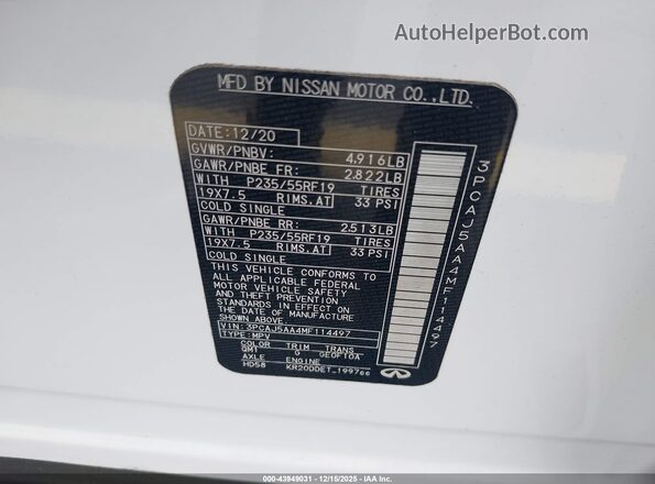 3PCAJ5AA4MF114497 2021 INFINITI QX50 White Vista del compartimento del motor