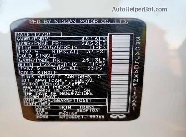 3PCAJ5BAXNF110681 2022 INFINITI QX50 White 360 interior view