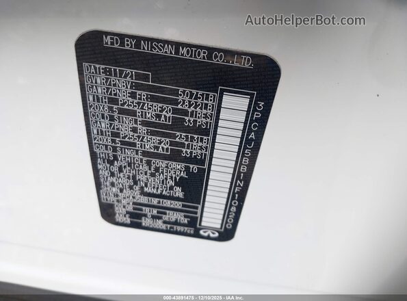 3PCAJ5BB1NF108200 2022 INFINITI QX50 White Vista del compartimento del motor