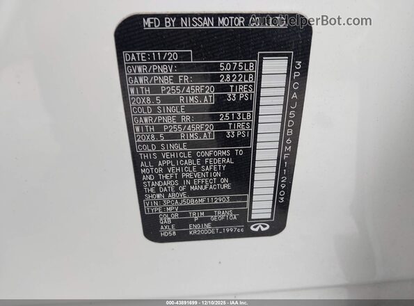 3PCAJ5DB6MF112903 2021 INFINITI QX50 White Вид підкапотного простору