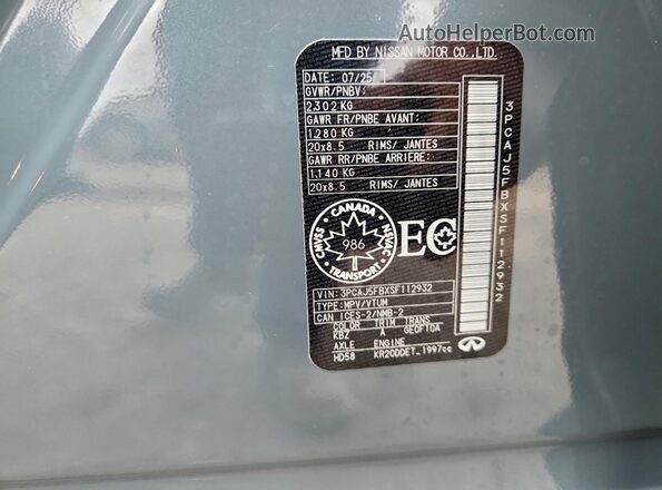 3PCAJ5FBXSF112932 2025 INFINITI QX50 Gray Vista de la etiqueta del VIN